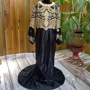 Women’s Satin Black Gown Ball Party Cocktail Dress Gold Lace Trim Large-XL